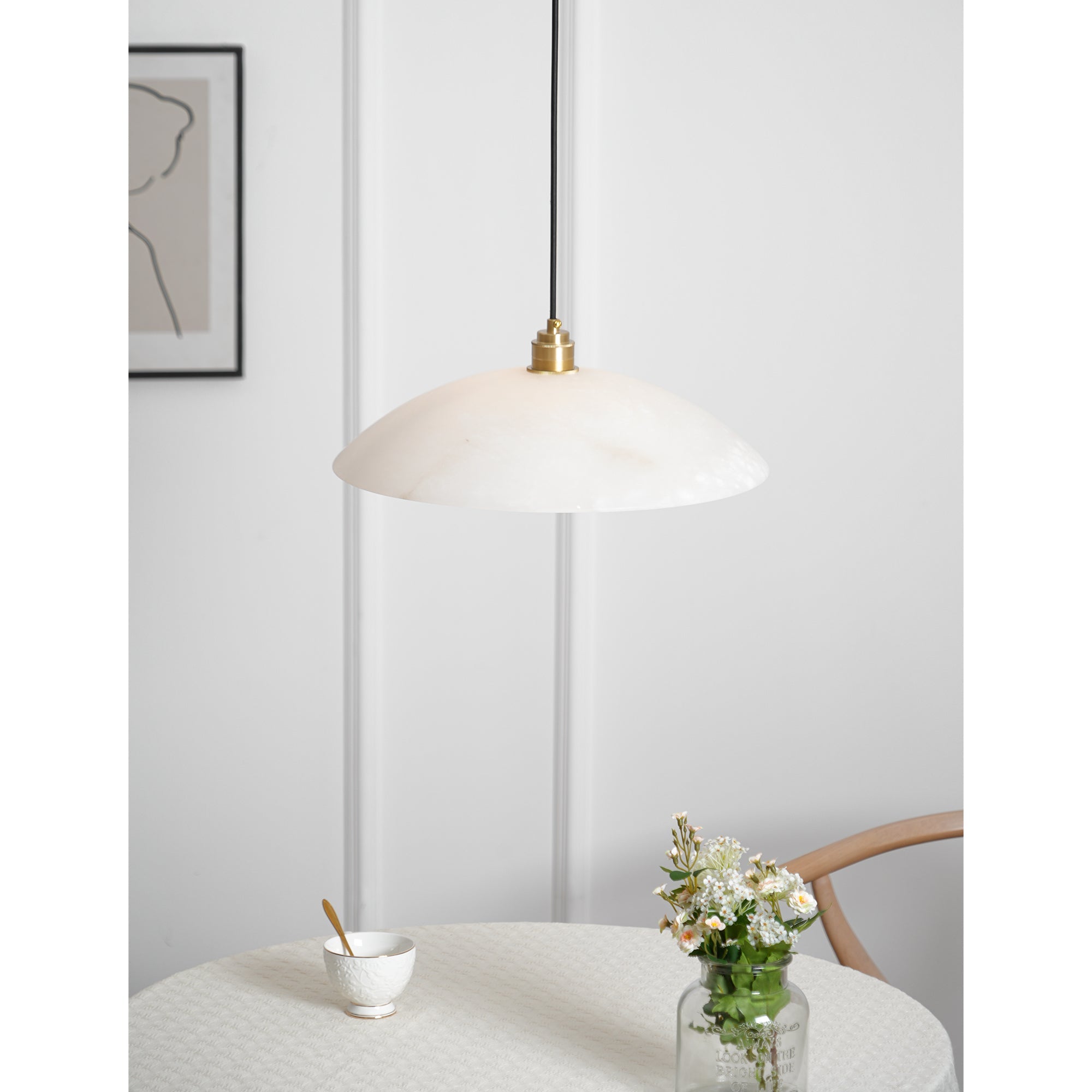 Koepelvormige Hanglamp Albast met Koperen Fitting – Ø30cm & Ø40cm – Natuursteen – Warme Uitstraling Eetkamer Keuken Woonkamer | Sansoti