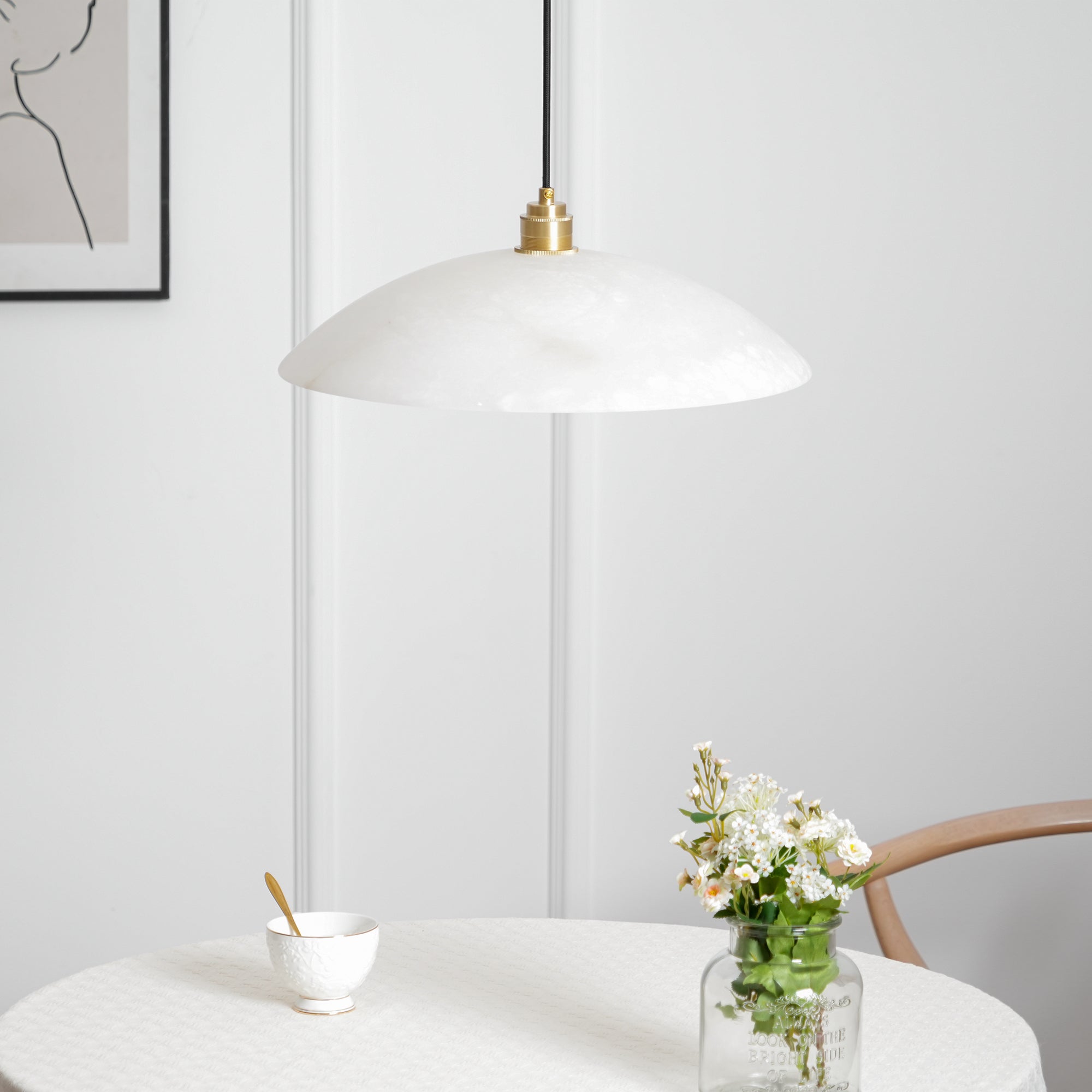 Koepelvormige Hanglamp Albast met Koperen Fitting – Ø30cm & Ø40cm – Natuursteen – Warme Uitstraling Eetkamer Keuken Woonkamer | Sansoti