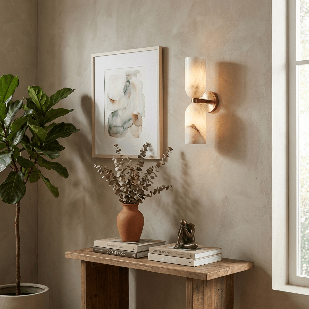 Alabasten Wandlamp met Messing — Dubbele Lichtschijven en Centrale Metalen Ster | Sansoti