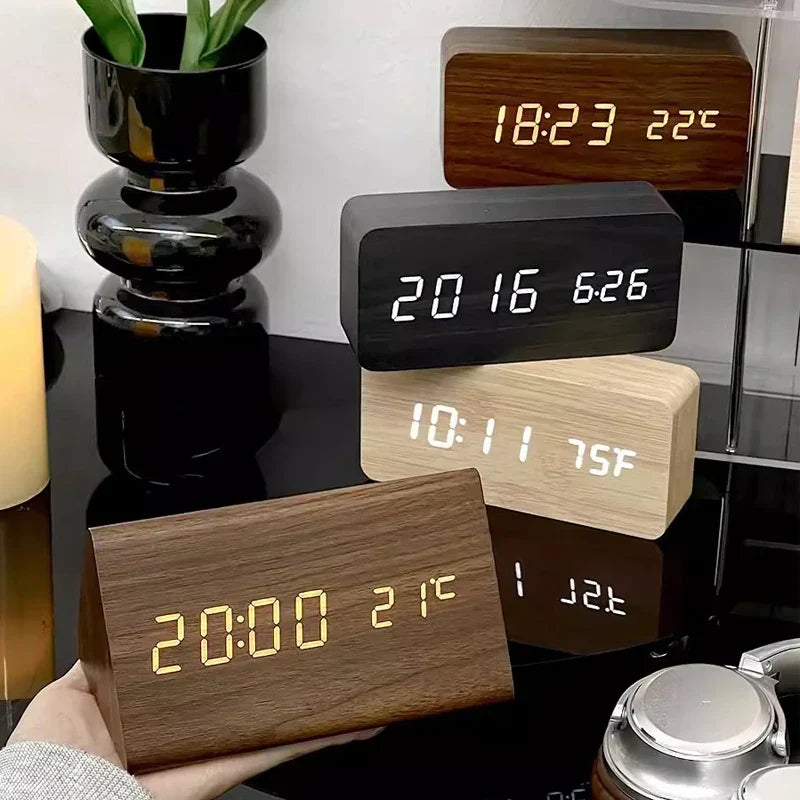 Digitaler Wecker aus Holz mit LED, Sprachsteuerung, Temperaturanzeige und einstellbarer Helligkeit für Schlafzimmer und Schreibtisch | Sansoti