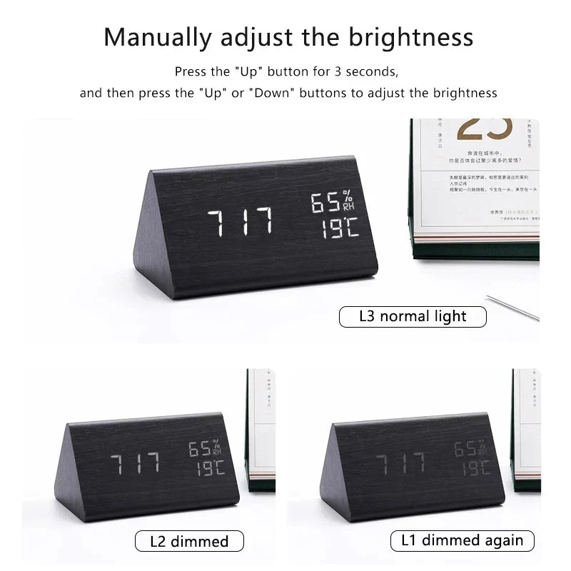 Digitaler Wecker aus Holz mit LED, Sprachsteuerung, Temperaturanzeige und einstellbarer Helligkeit für Schlafzimmer und Schreibtisch | Sansoti