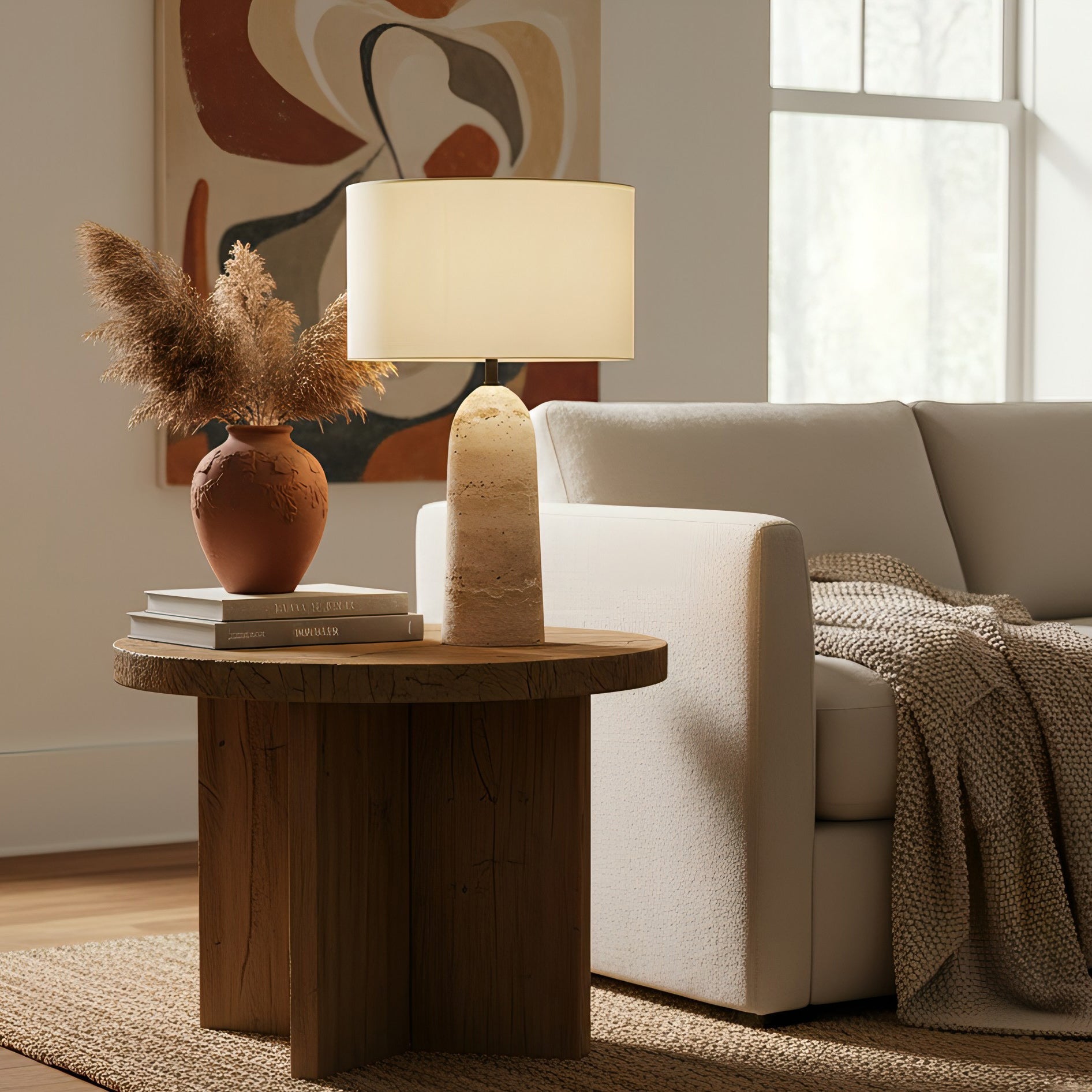 Natuursteen Tafellamp met Linnen Kap Beige Travertin Organisch Wabi-Sabi Design 30x46cm | Sansoti