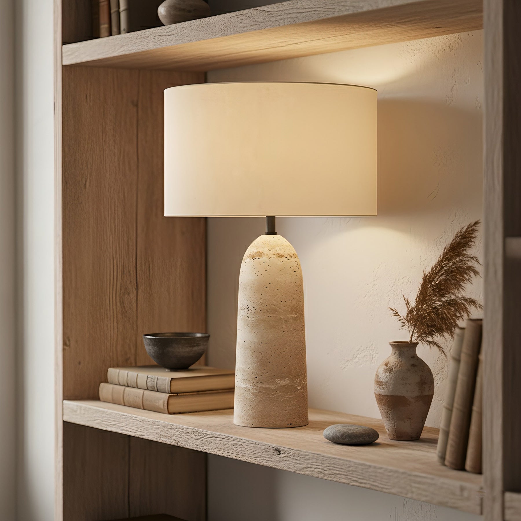 Natuursteen Tafellamp met Linnen Kap Beige Travertin Organisch Wabi-Sabi Design 30x46cm | Sansoti