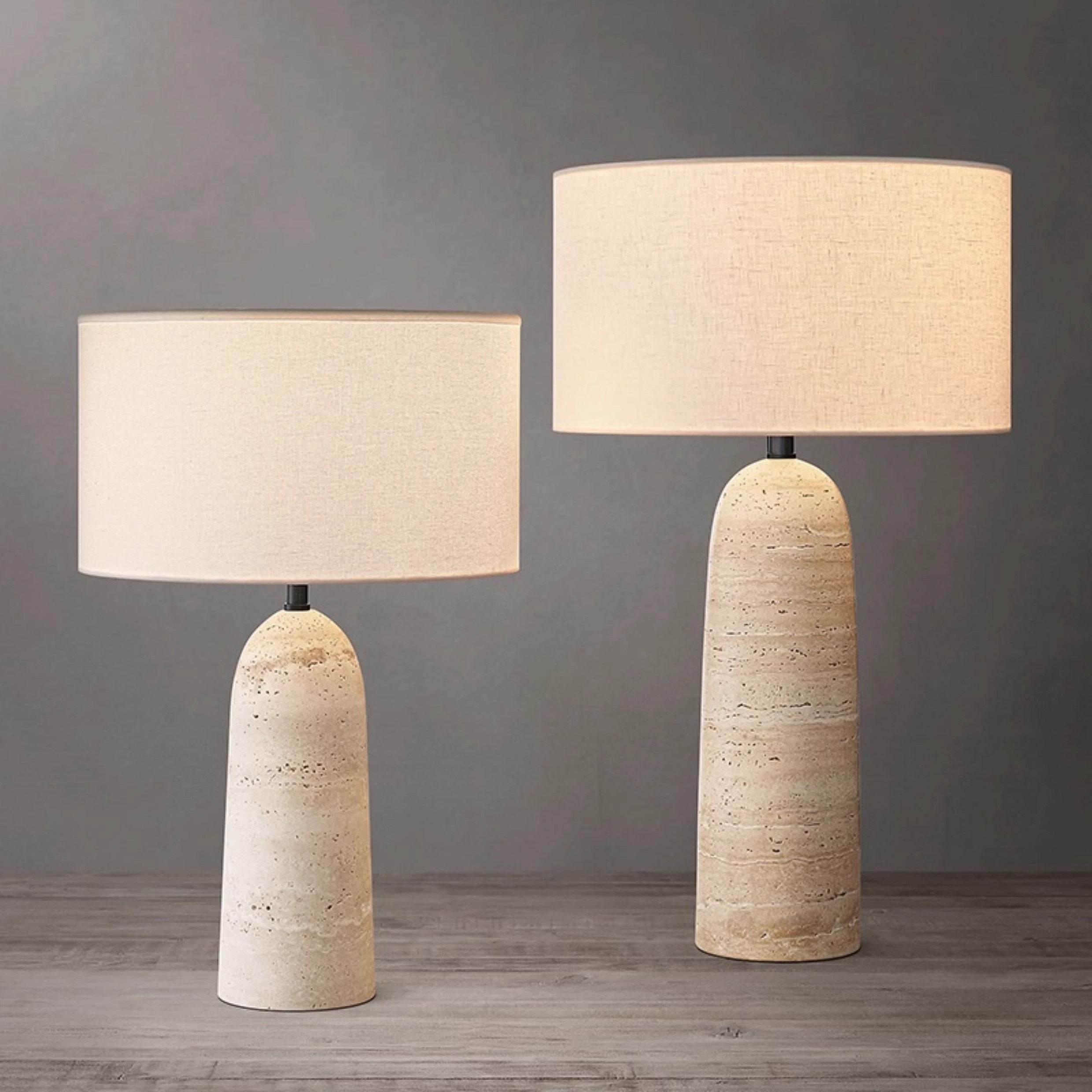 Natuursteen Tafellamp met Linnen Kap Beige Travertin Organisch Wabi-Sabi Design 30x46cm | Sansoti