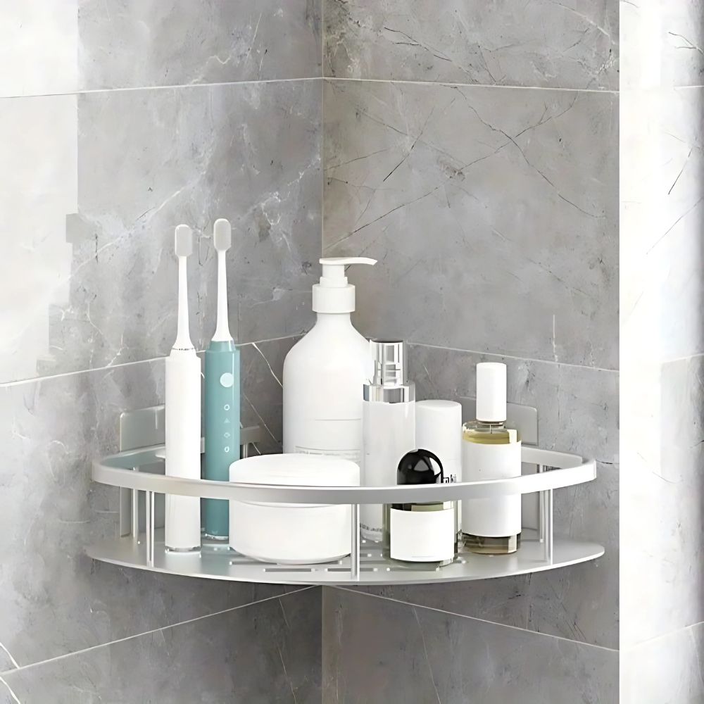 Étagère d'angle pour douche sans perçage – Étagère de salle de bain en aluminium avec évacuation & revêtement antirouille | Restfield