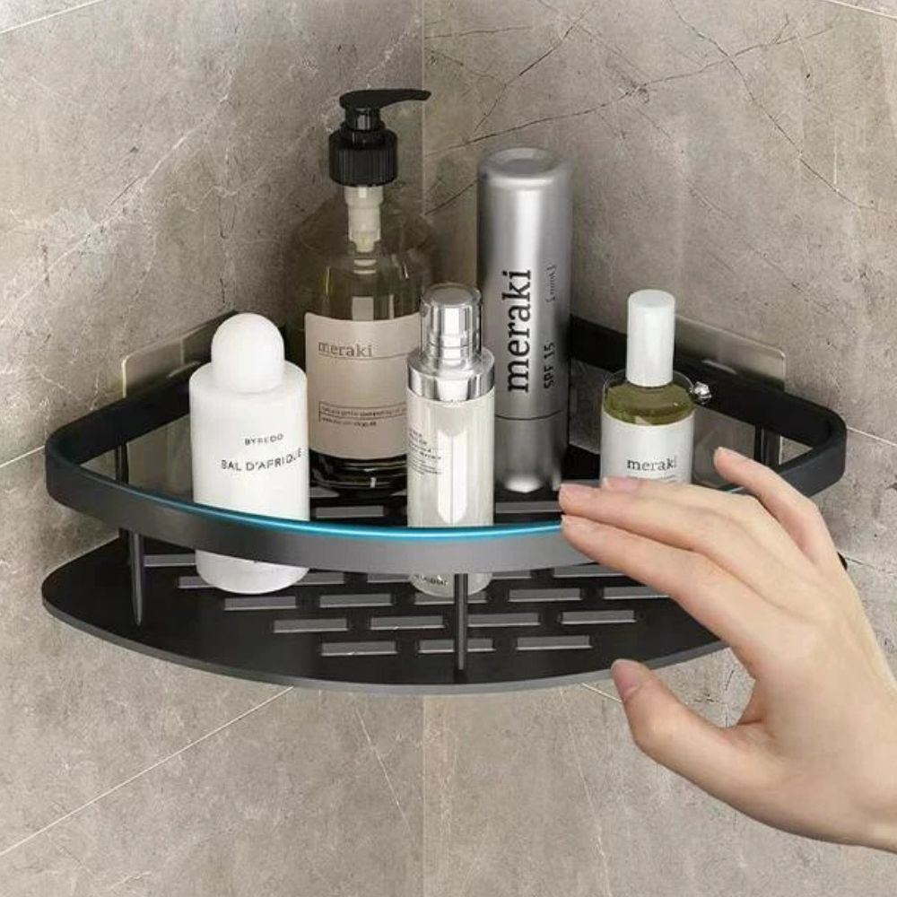 Doucheplank Aluminium Zelfklevend Zilver Hoek Wandplank Badkamer Organizer Zonder Boren Opbergrek Shampoo Zeep | Sansoti