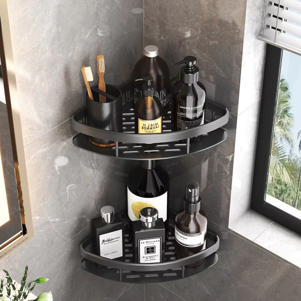 Doucheplank Aluminium Zelfklevend Zilver Hoek Wandplank Badkamer Organizer Zonder Boren Opbergrek Shampoo Zeep | Sansoti