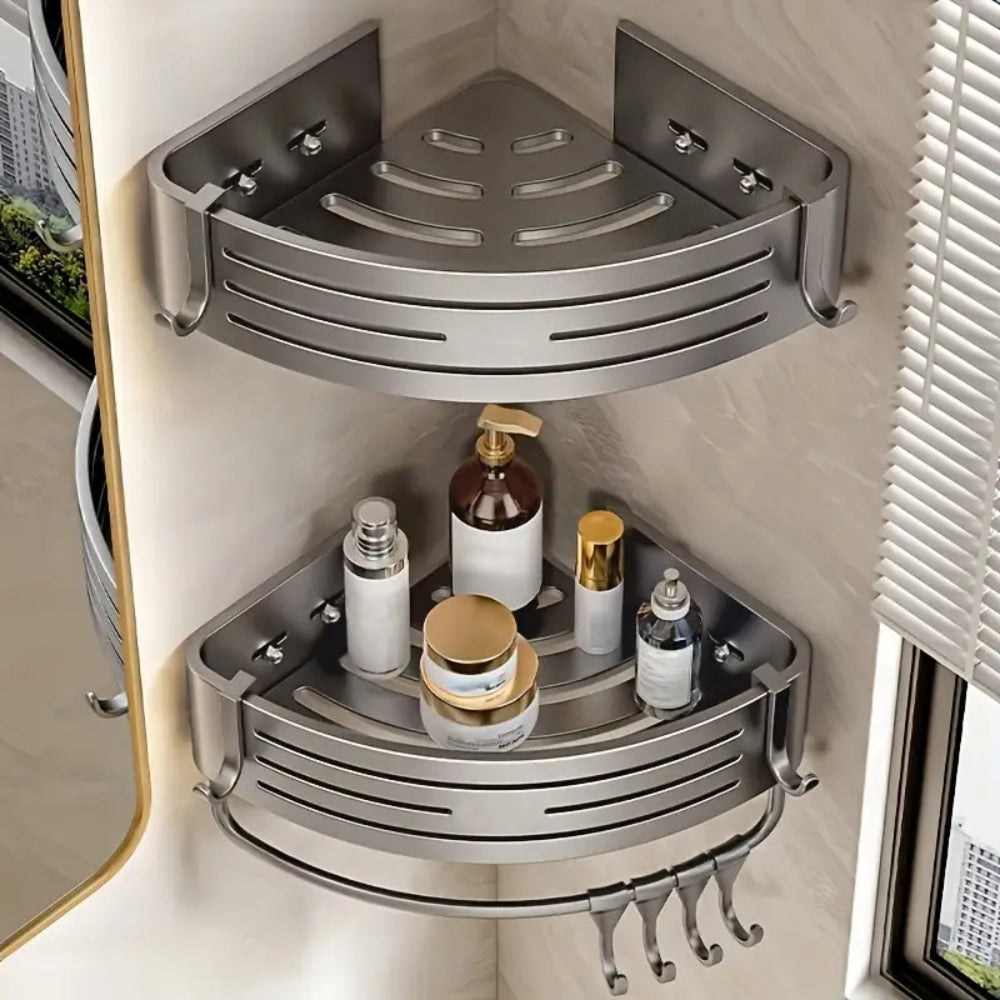 Hoekdouche Organizer Aluminium Zelfklevend Zonder Boren Badkamerrek Roestvrij Keuken Opbergsysteem Wandrek | Sansoti
