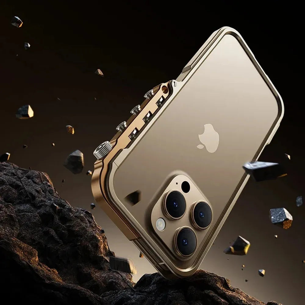 Metal iPhone Case with Mechanical Structure, Aluminum Frame, Shock Protection for 13 14 15 16 17 | Sansoti