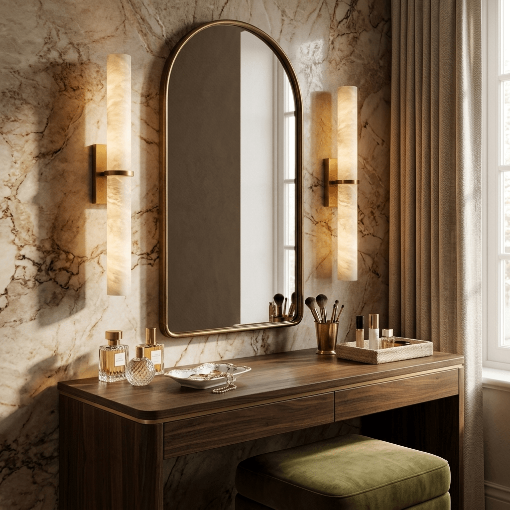 Moderne Wandlamp Alabaster Staaf met Gouden Beugel – 50 cm Natuursteen Verlichting | Sansoti