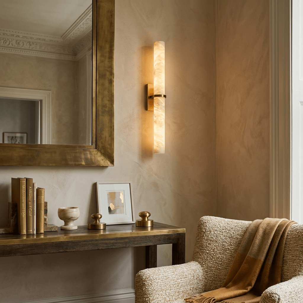 Moderne Wandlamp Alabaster Staaf met Gouden Beugel – 50 cm Natuursteen Verlichting | Sansoti