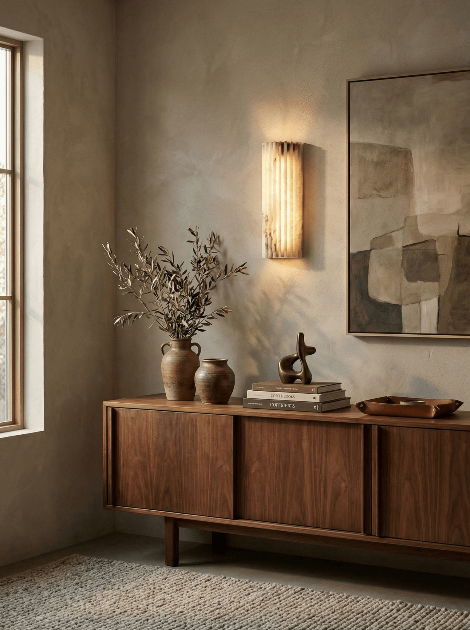 Alabaster Wandlamp Natuursteen – Geribbeld Design – Warm Licht – Scandinavische Stijl | Sansoti