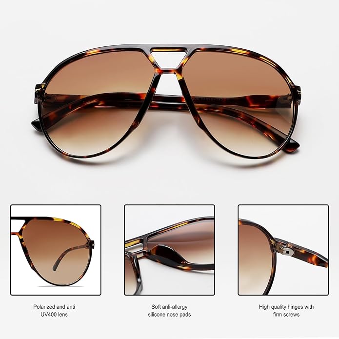 Oversized Vierkante Pilotenbril met UV400 Bescherming Unisex Zonnebril Lichtgewicht Montuur Retro Eyewear | Sansoti
