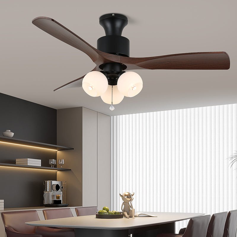 Vintage Ceiling Fan with Lighting — Glass Shade & Wood Grain Blades — Ø91-106 cm | Sansoti