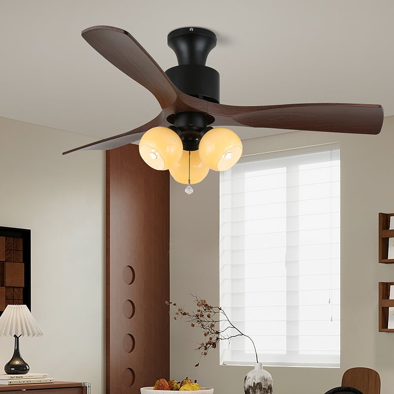 Vintage Ceiling Fan with Lighting — Glass Shade & Wood Grain Blades — Ø91-106 cm | Sansoti