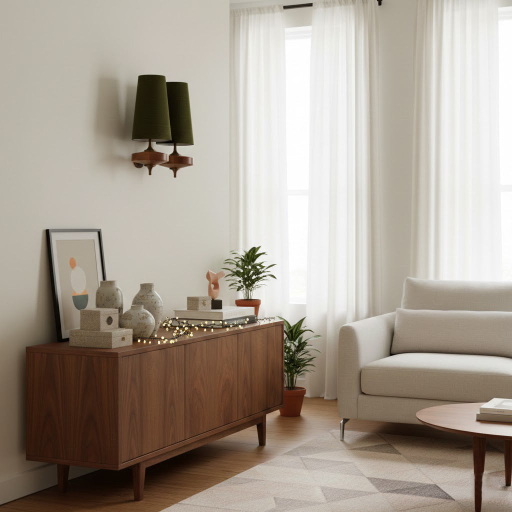 Design-Wandleuchte mit Holzdetails und Stoffschirm, inspiriert von der Nikau-Palme | Restfield