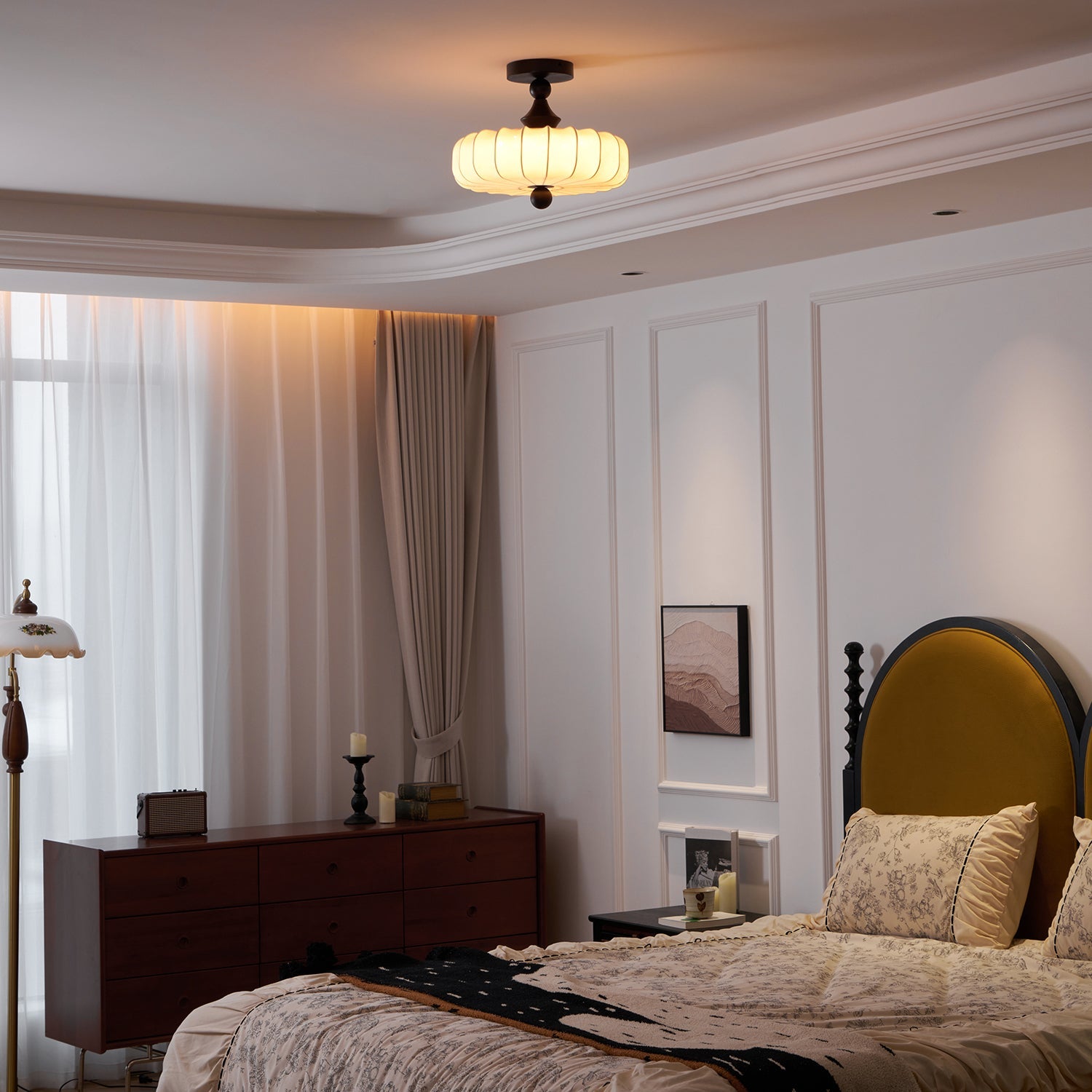 Anela Plafondlamp Walnoot met Beige Gevlochten Kap – Retro Scandinavische Hanglamp met Geïntegreerde LED – Dimbare Plafondverlichting | Sansoti