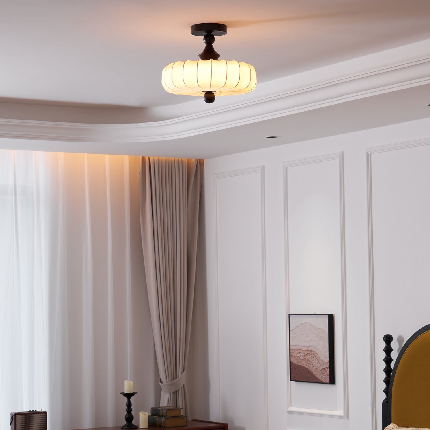 Anela Plafondlamp Walnoot met Beige Gevlochten Kap – Retro Scandinavische Hanglamp met Geïntegreerde LED – Dimbare Plafondverlichting | Sansoti