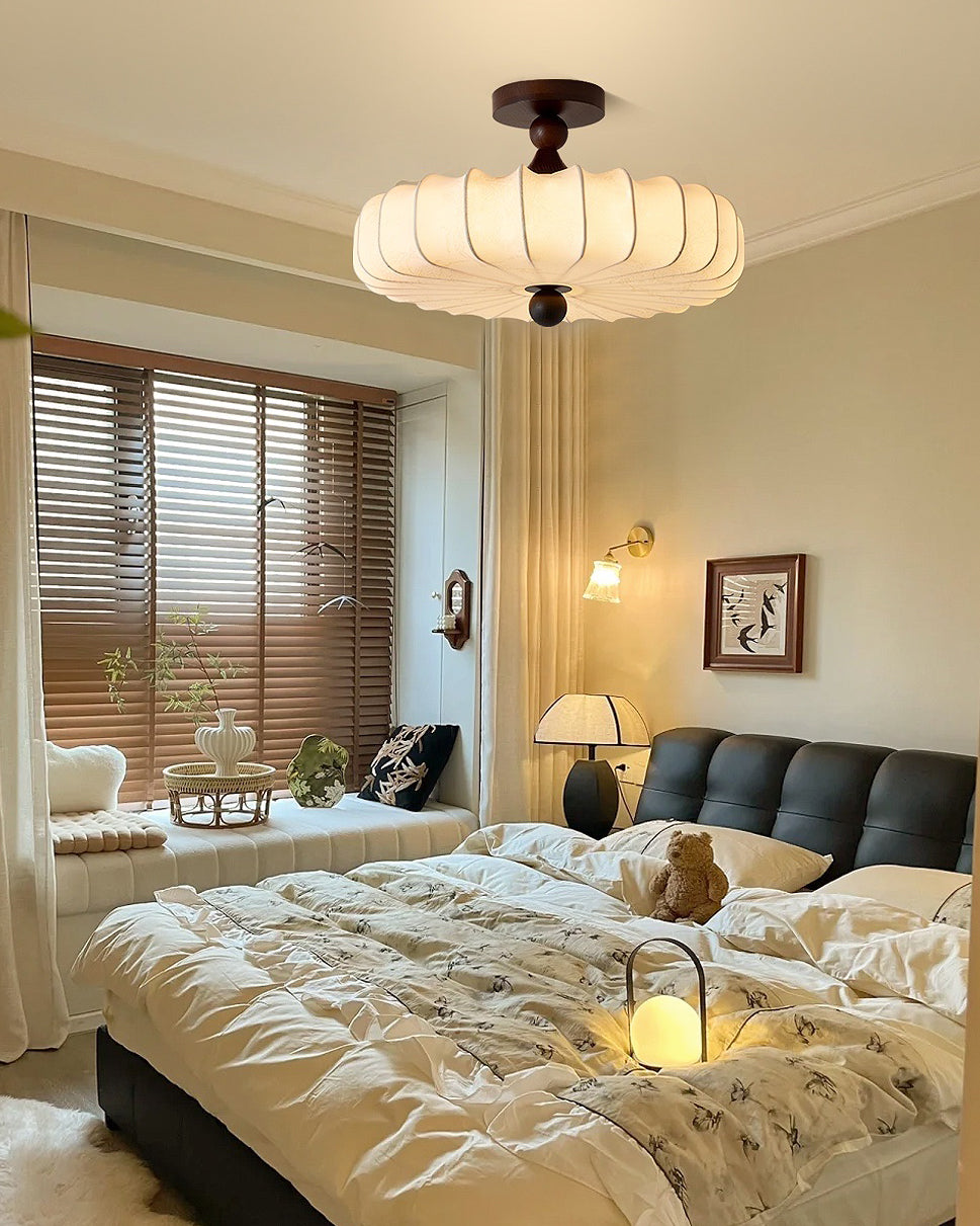 Anela Plafondlamp Walnoot met Beige Gevlochten Kap – Retro Scandinavische Hanglamp met Geïntegreerde LED – Dimbare Plafondverlichting | Sansoti