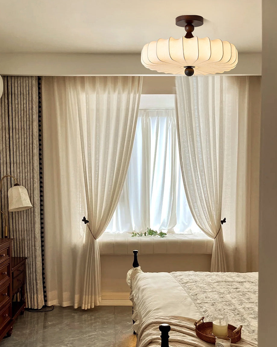 Anela Plafondlamp Walnoot met Beige Gevlochten Kap – Retro Scandinavische Hanglamp met Geïntegreerde LED – Dimbare Plafondverlichting | Sansoti