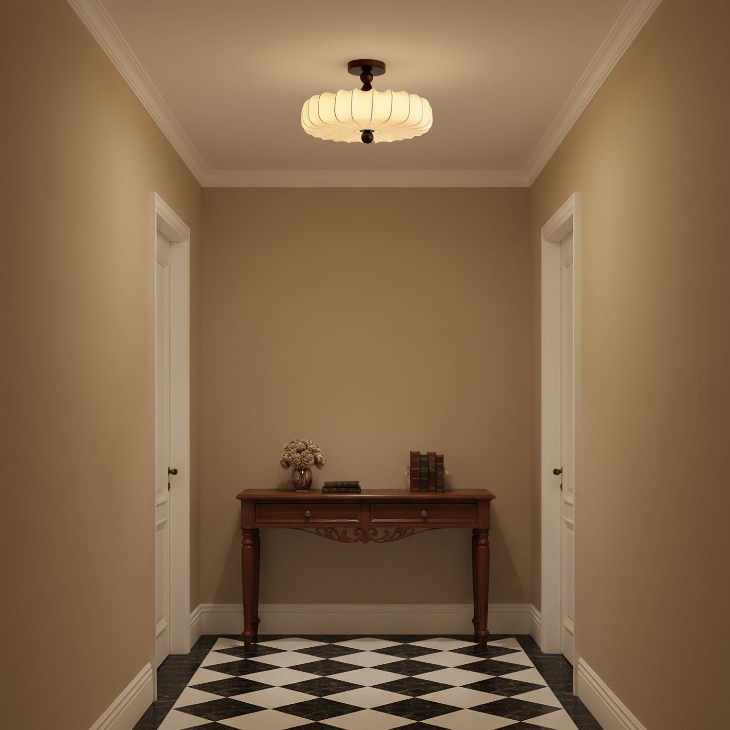 Anela Plafondlamp Walnoot met Beige Gevlochten Kap – Retro Scandinavische Hanglamp met Geïntegreerde LED – Dimbare Plafondverlichting | Sansoti