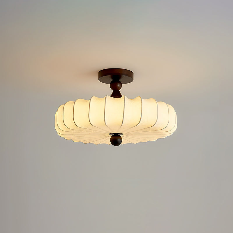 Anela Plafondlamp Walnoot met Beige Gevlochten Kap – Retro Scandinavische Hanglamp met Geïntegreerde LED – Dimbare Plafondverlichting | Sansoti