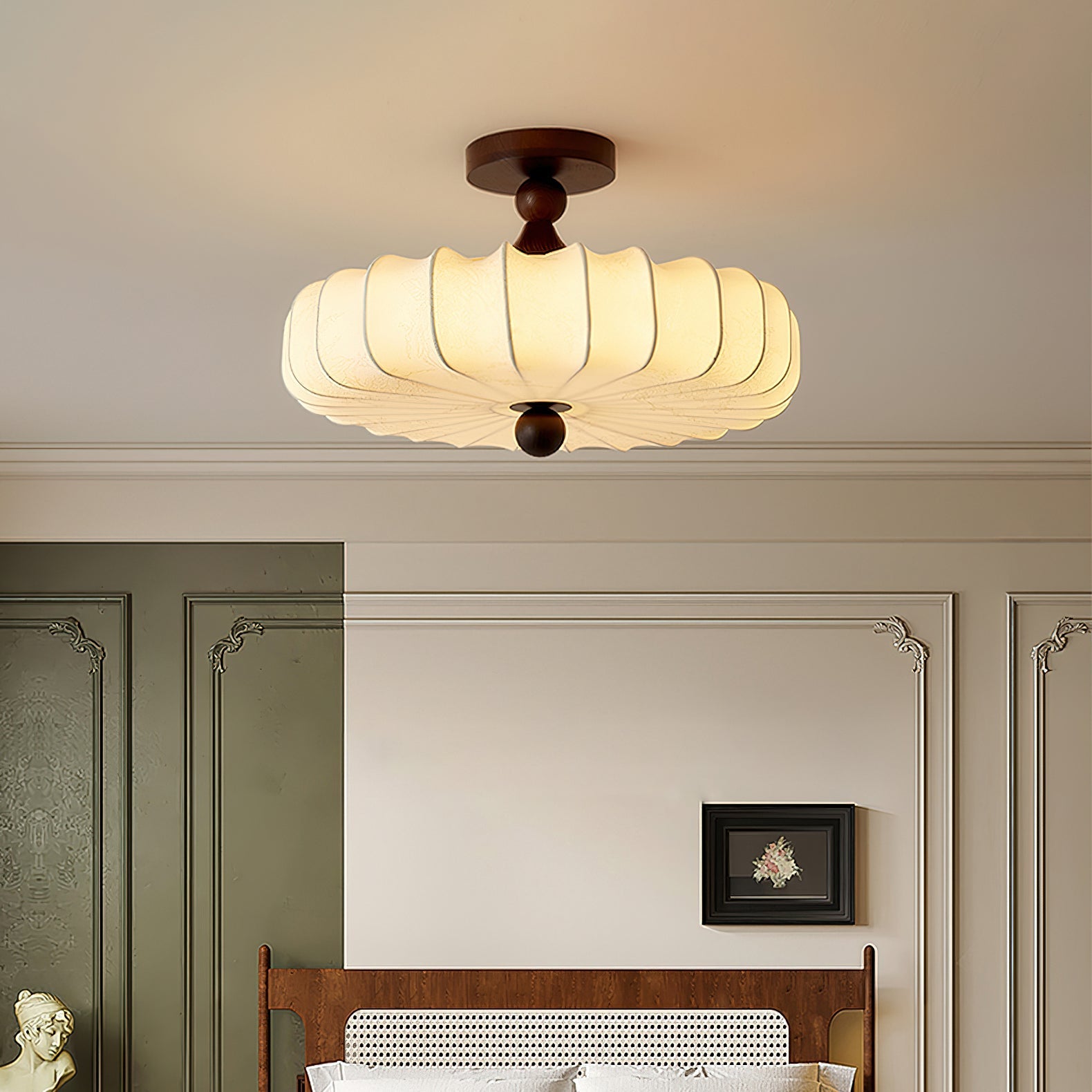 Anela Plafondlamp Walnoot met Beige Gevlochten Kap – Retro Scandinavische Hanglamp met Geïntegreerde LED – Dimbare Plafondverlichting | Sansoti