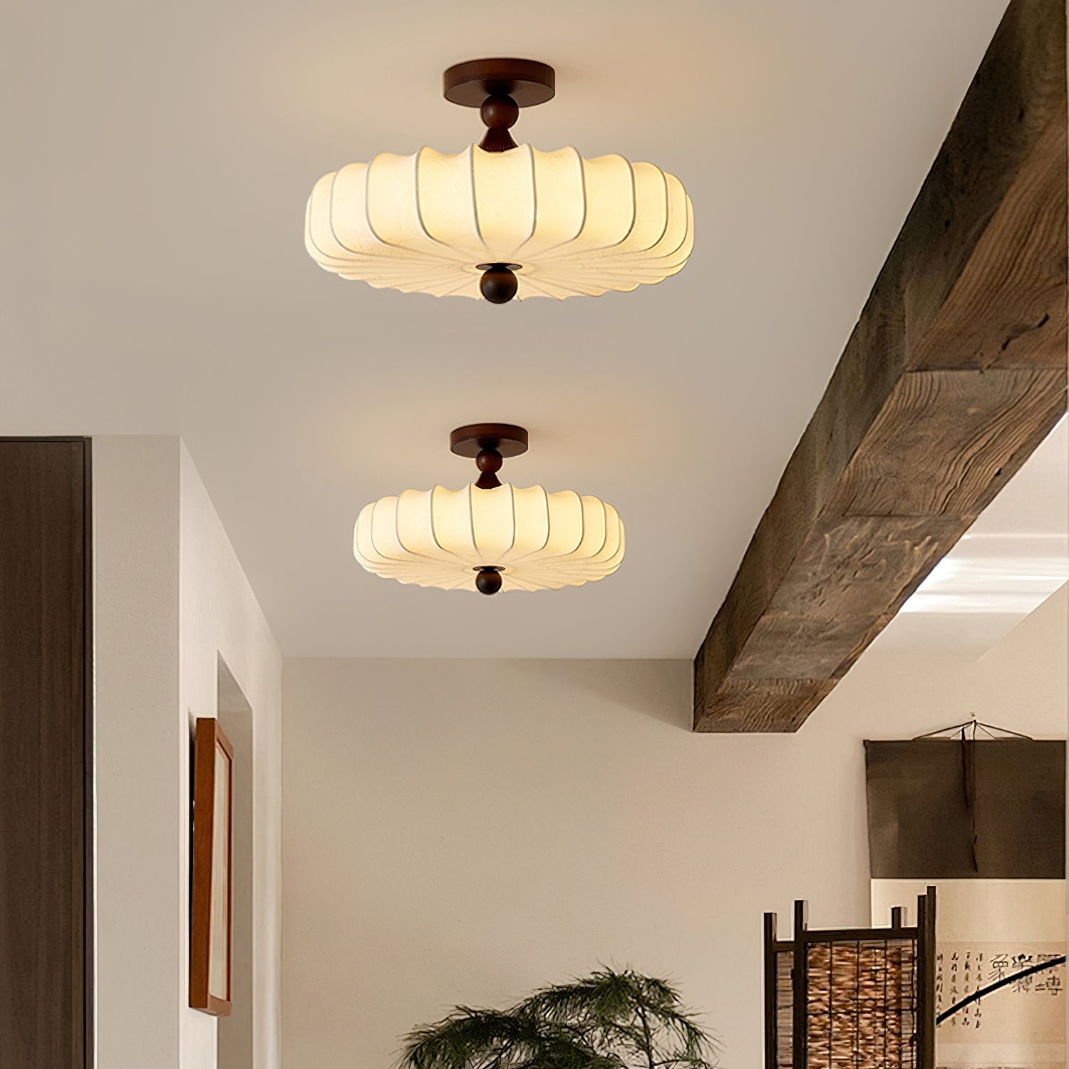 Anela Plafondlamp Walnoot met Beige Gevlochten Kap – Retro Scandinavische Hanglamp met Geïntegreerde LED – Dimbare Plafondverlichting | Sansoti