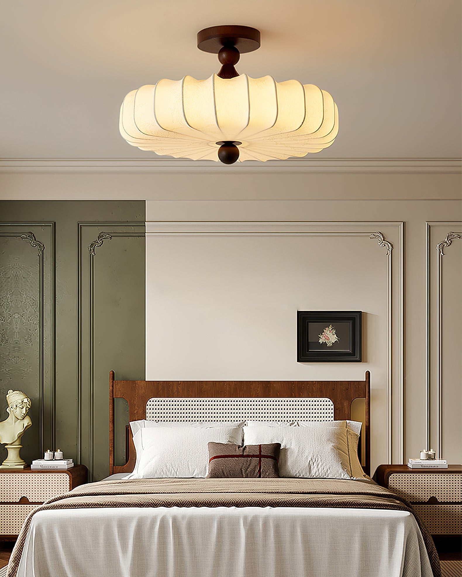 Anela Plafondlamp Walnoot met Beige Gevlochten Kap – Retro Scandinavische Hanglamp met Geïntegreerde LED – Dimbare Plafondverlichting | Sansoti