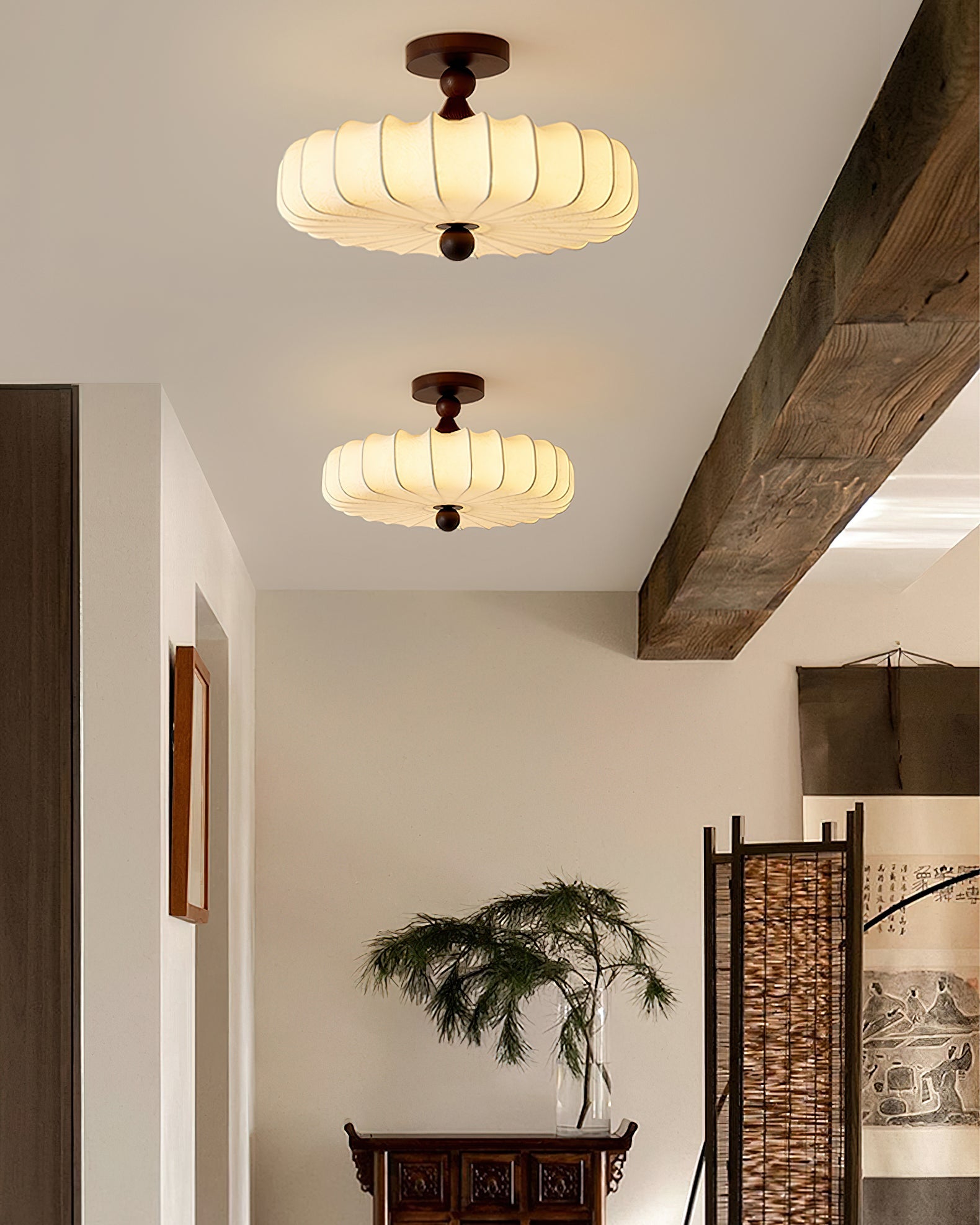 Anela Plafondlamp Walnoot met Beige Gevlochten Kap – Retro Scandinavische Hanglamp met Geïntegreerde LED – Dimbare Plafondverlichting | Sansoti