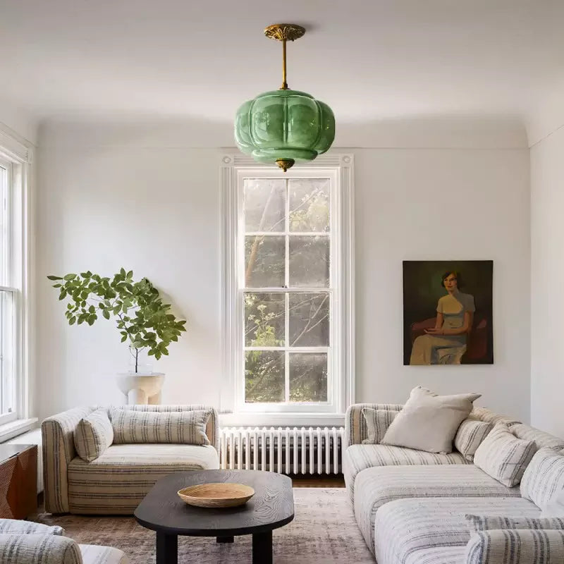 Antique Brass Plafondlamp met Groen Glas Pompoendesign - Elegante Hanglamp voor Eetkamer Keukeneiland Slaapkamer | Sansoti