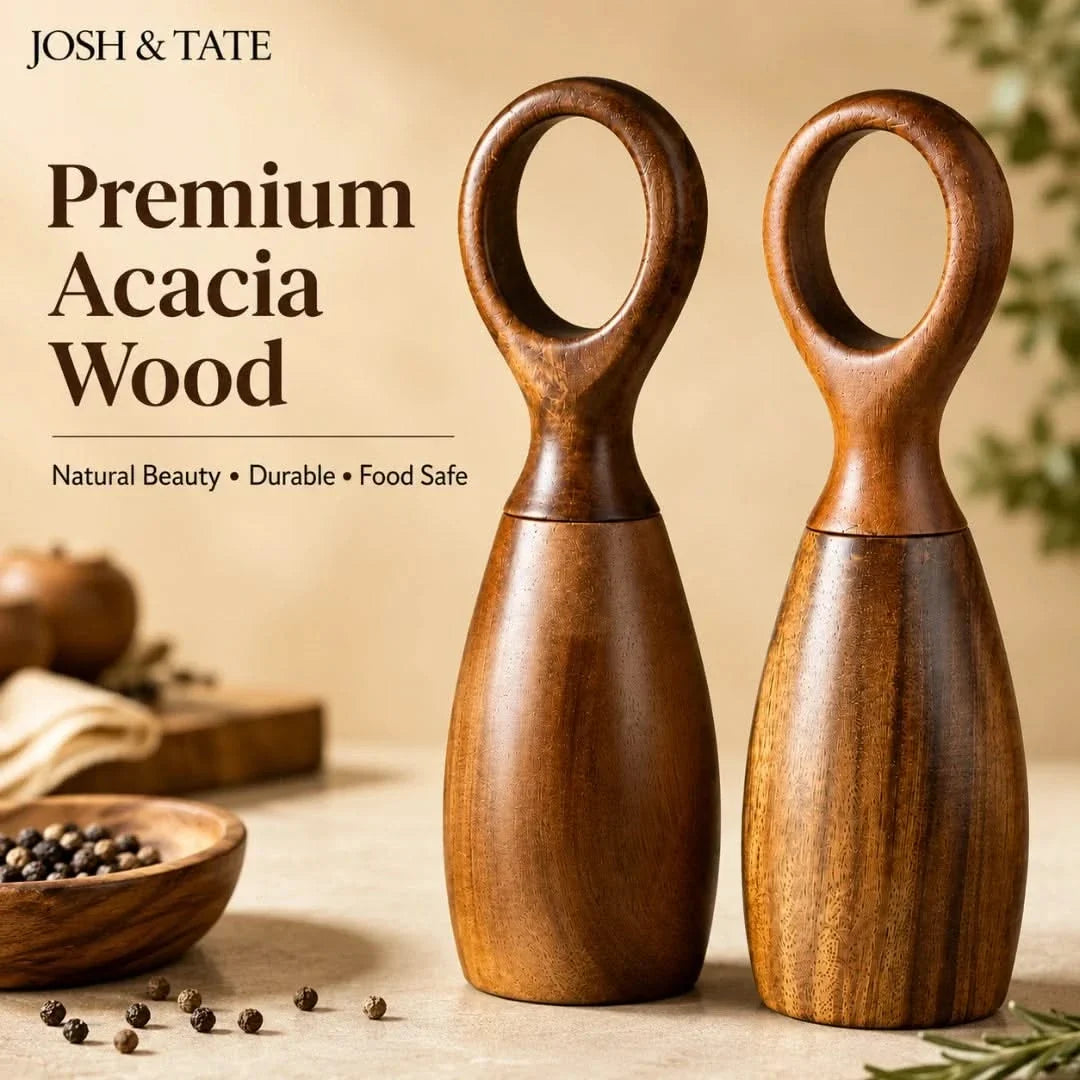 Wooden Pepper and Salt Mill Set Acacia Round Handle Table Seasonings Kitchen Utensil Freshly Ground Spices | Sansoti