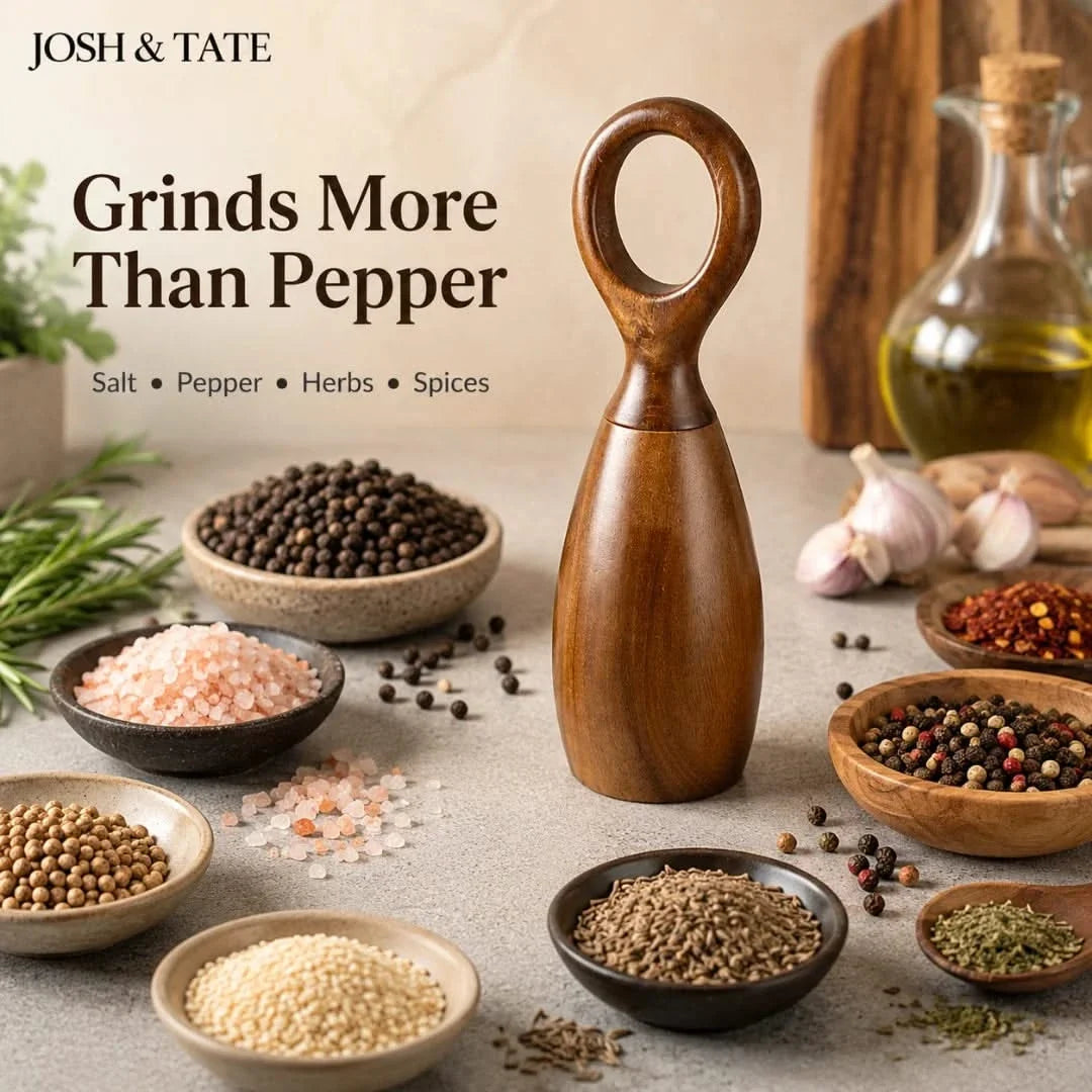 Wooden Pepper and Salt Mill Set Acacia Round Handle Table Seasonings Kitchen Utensil Freshly Ground Spices | Sansoti