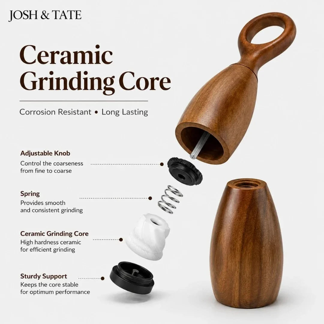 Wooden Pepper and Salt Mill Set Acacia Round Handle Table Seasonings Kitchen Utensil Freshly Ground Spices | Sansoti