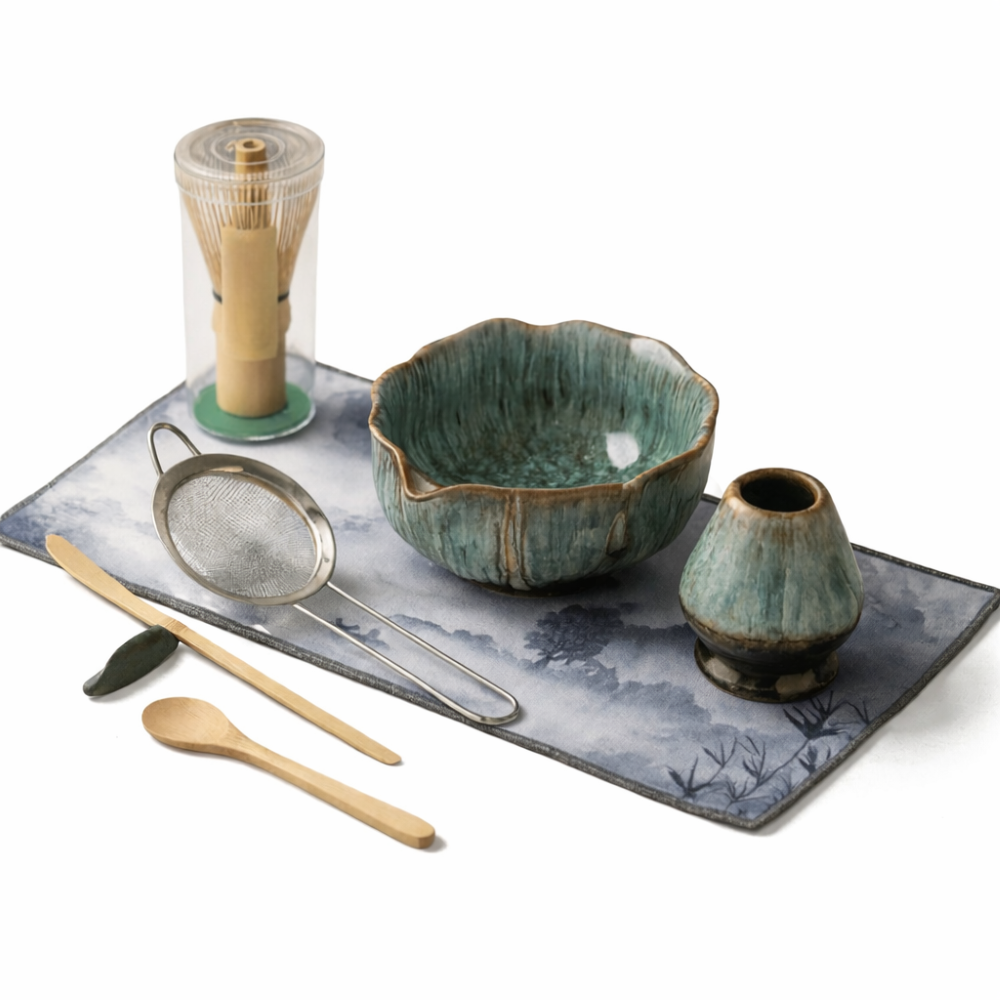 Matcha Thee Set 8-Delig met Keramische Kom 550ml Bamboe Garde Lepel Zeef voor Traditionele Japanse Theeceremonie | Sansoti