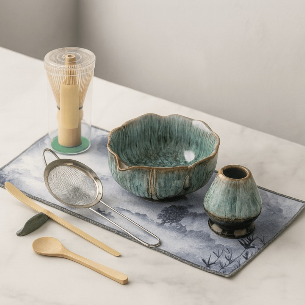 Matcha Thee Set 8-Delig met Keramische Kom 550ml Bamboe Garde Lepel Zeef voor Traditionele Japanse Theeceremonie | Sansoti