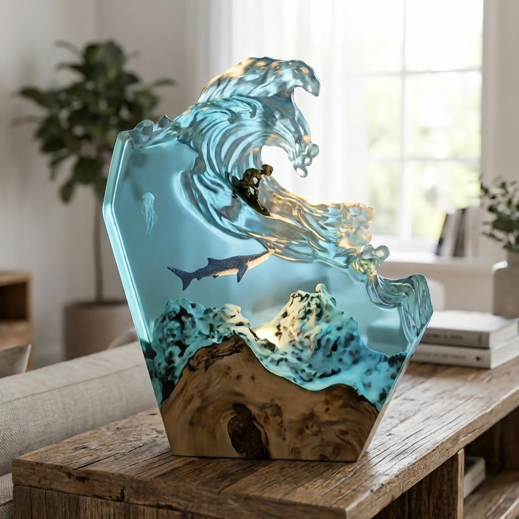 Resin Sfeerlamp Golf Surfer Hout Dimbaar LED Handgemaakt Oceaan Woonkamer Bureau Decoratielamp Sculptuur Cadeau | Sansoti