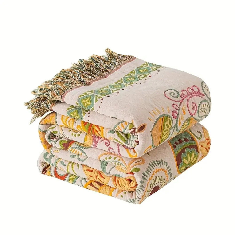 Omkeerbare Bohemien Plaid met Herfstbladeren en Kwastjes – Zachte Katoenen Gauze Deken voor Bank en Bed | Sansoti