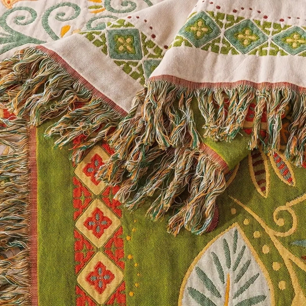 Omkeerbare Bohemien Plaid met Herfstbladeren en Kwastjes – Zachte Katoenen Gauze Deken voor Bank en Bed | Sansoti