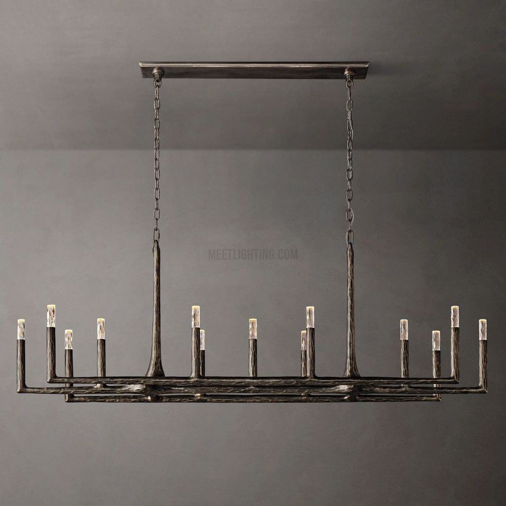 Lustre linéaire en métal forgé et verre 137cm 183cm 244cm laiton bronze étain coin repas foyer salon | Sansoti