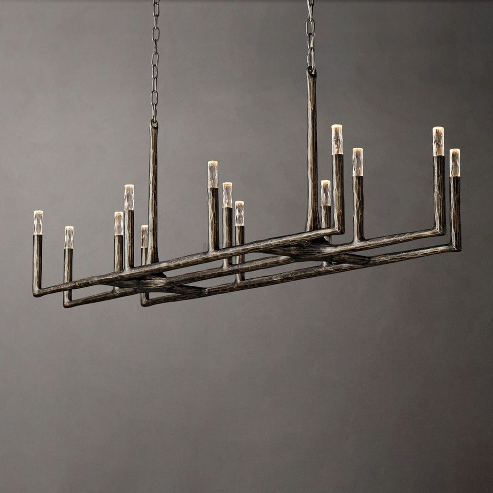 Lustre linéaire en métal forgé et verre 137cm 183cm 244cm laiton bronze étain coin repas foyer salon | Sansoti