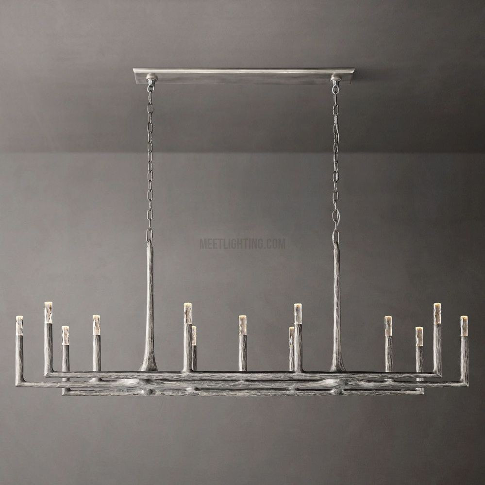 Lustre linéaire en métal forgé et verre 137cm 183cm 244cm laiton bronze étain coin repas foyer salon | Sansoti