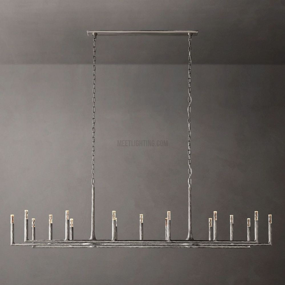 Lustre linéaire en métal forgé et verre 137cm 183cm 244cm laiton bronze étain coin repas foyer salon | Sansoti
