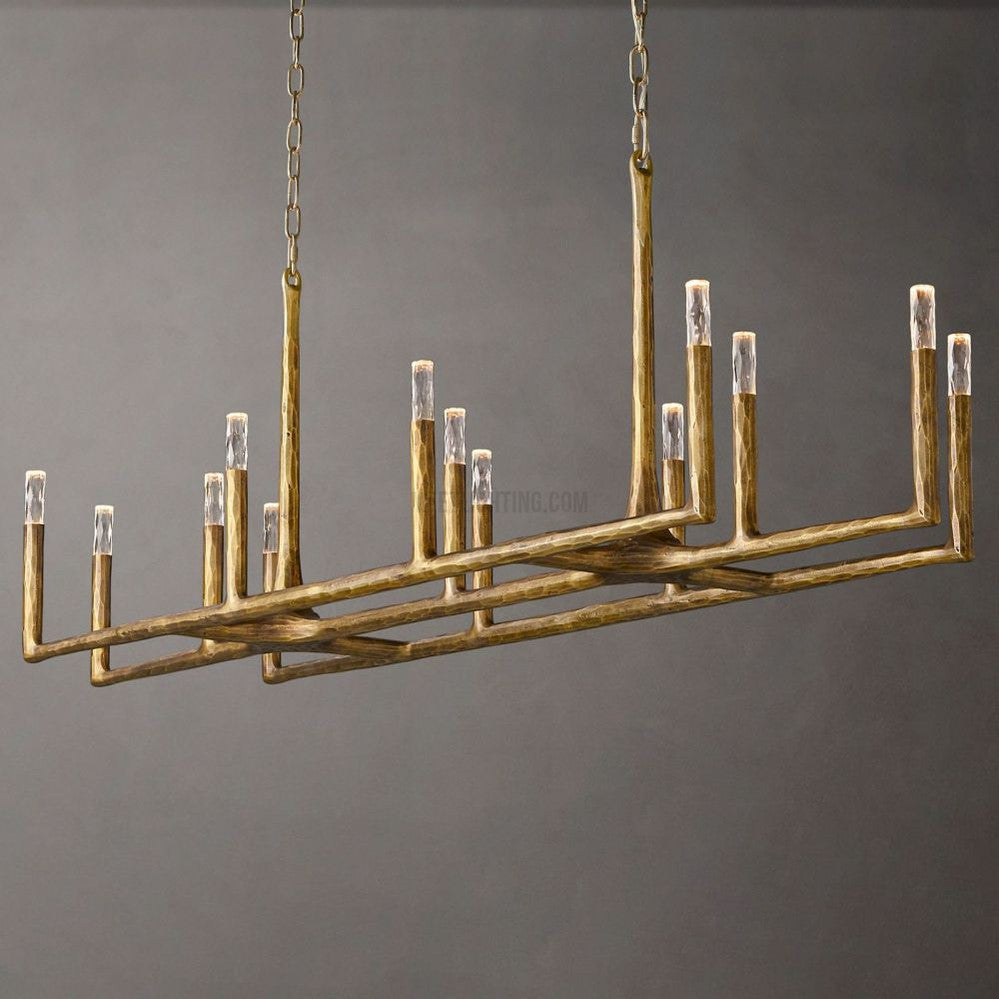 Lustre linéaire en métal forgé et verre 137cm 183cm 244cm laiton bronze étain coin repas foyer salon | Sansoti