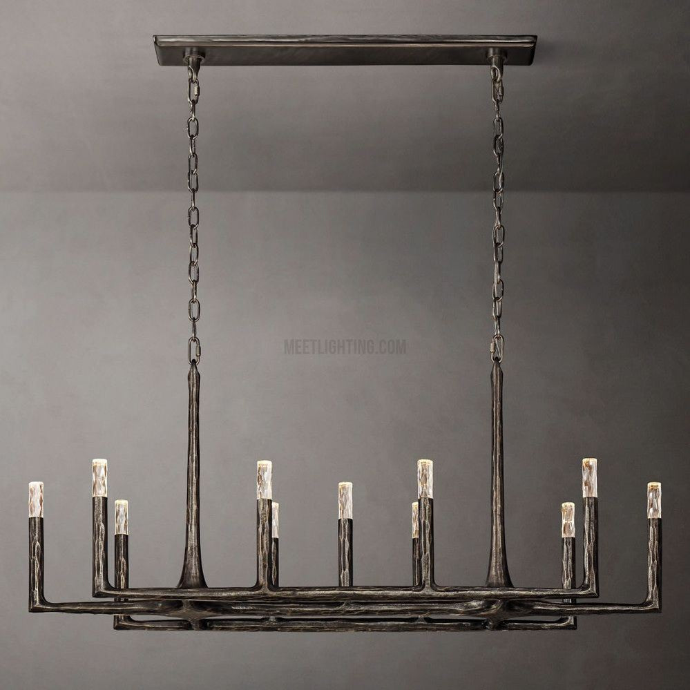 Lustre linéaire en métal forgé et verre 137cm 183cm 244cm laiton bronze étain coin repas foyer salon | Sansoti