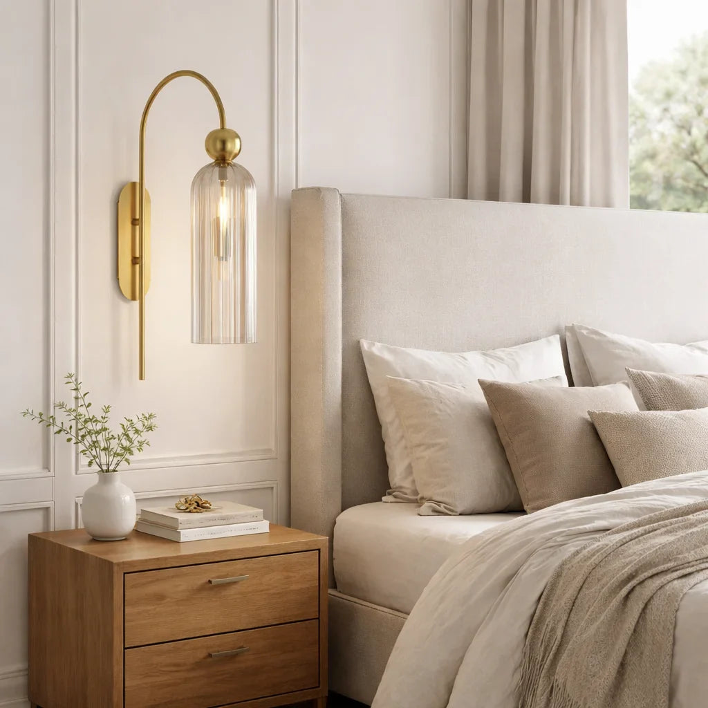 Geribbelde Glazen Wandlamp Cilindervorm met Gouden Fitting voor Gang, Slaapkamer, Woonkamer | Sansoti