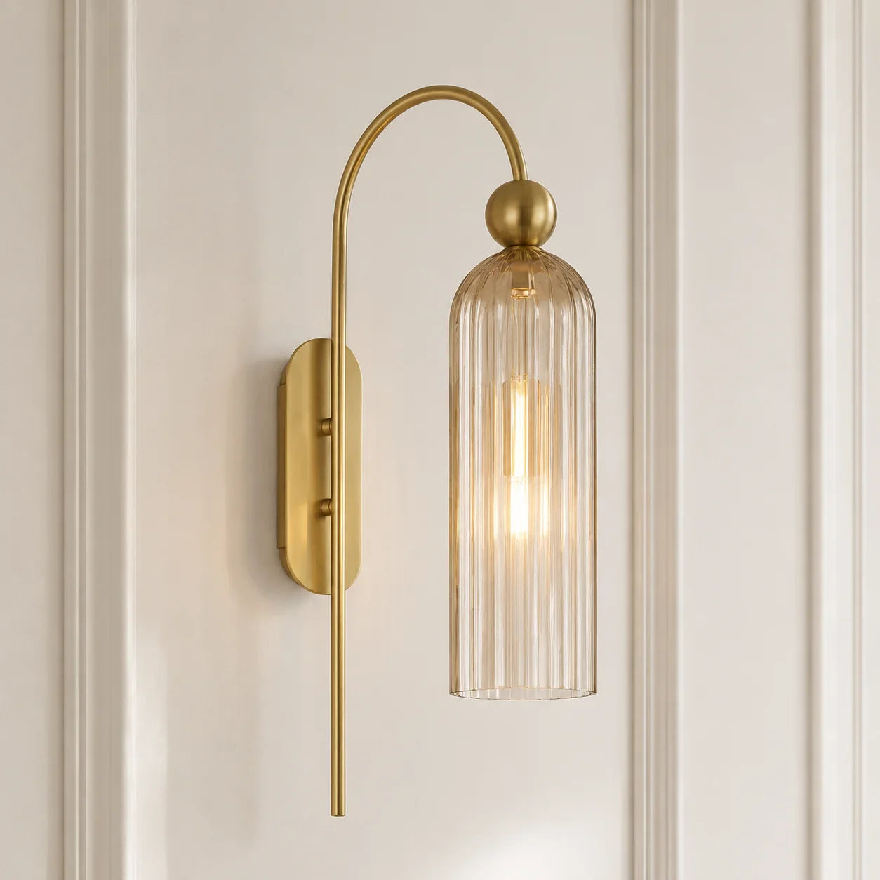 Geribbelde Glazen Wandlamp Cilindervorm met Gouden Fitting voor Gang, Slaapkamer, Woonkamer | Sansoti