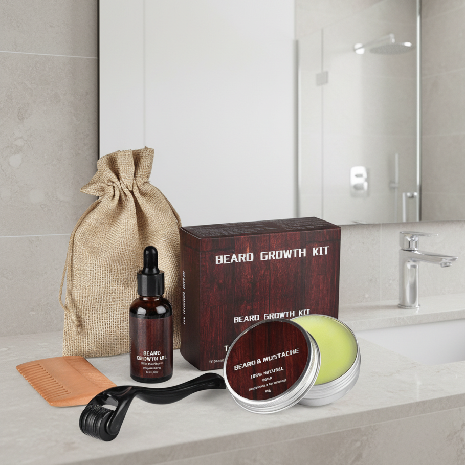 Bartpflege-Set mit Microneedling-Roller, Bartöl und Kamm für Bartwachstum, Pflege, Instandhaltung und Styling | Sansoti