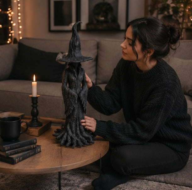 Gothic Witch Resin Sculpture - Mystical Wizard Figure Dark Fantasy Decoration for Living Room Office | Sansoti