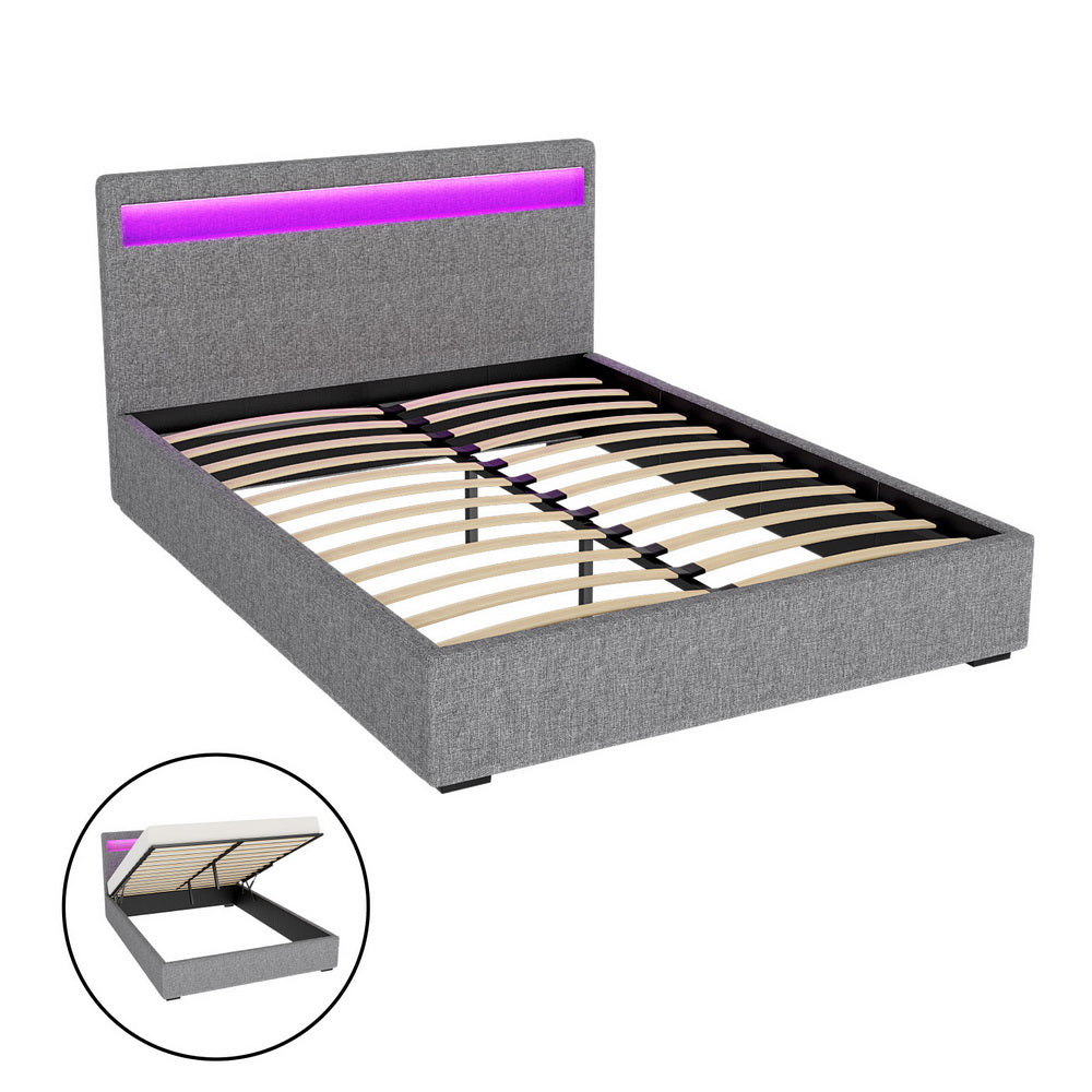Cadre de lit double avec rangement à vérin à gaz et tête de lit LED – Tissu gris 140x190 cm | Restfield